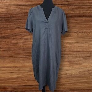 Part Two Copenhagen Grey Blue 100% Linen Short Sleeve Dress With Pockets 12